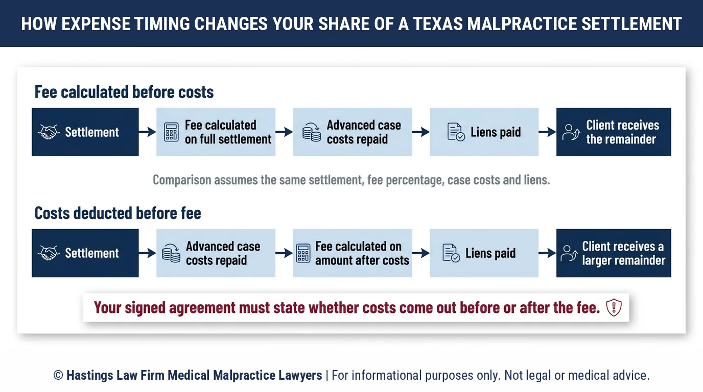 Are case expenses deducted before or after medical malpractice lawyer fees in Texas when a settlement is paid out.