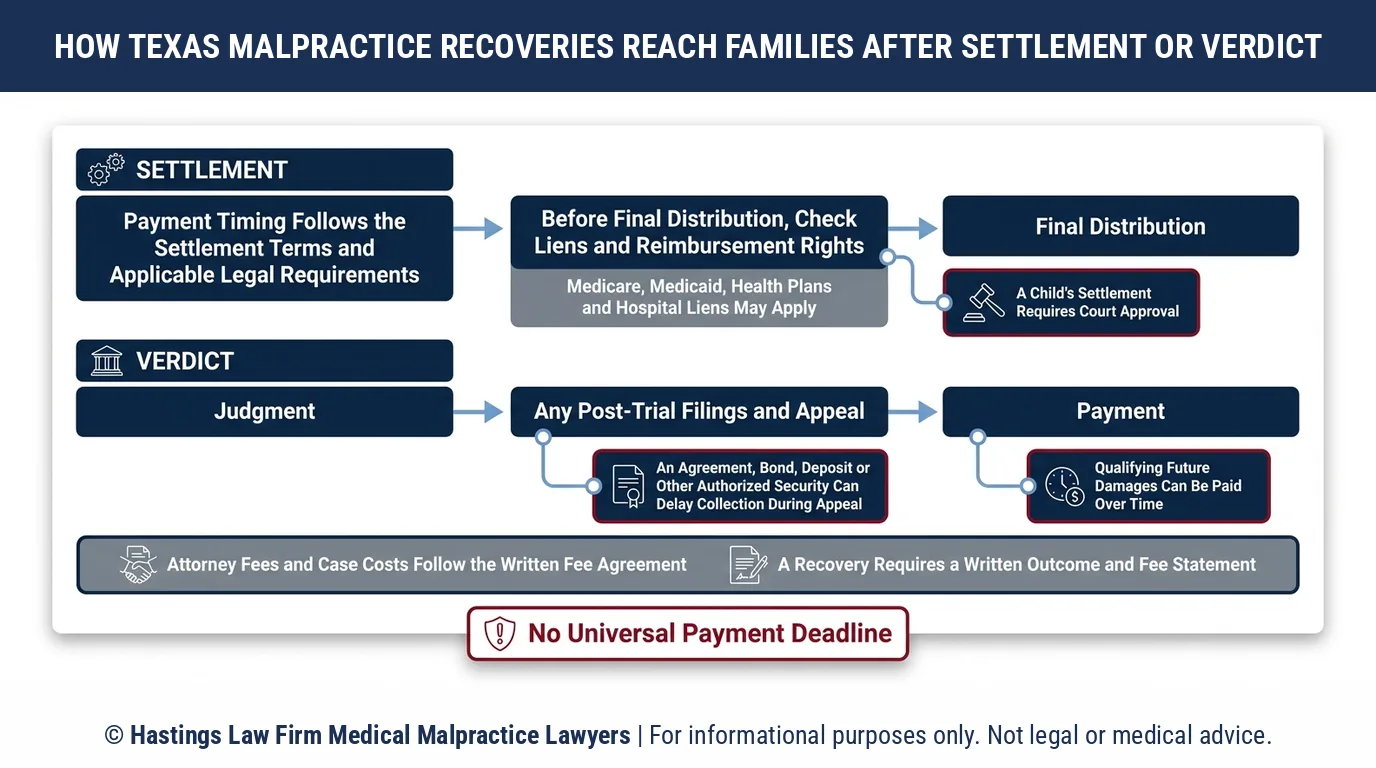 When does a family receive the money after a settlement or verdict in a medical malpractice lawsuit in Texas.