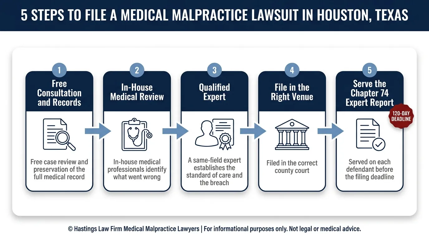 How to file a Houston medical malpractice lawsuit in five steps.