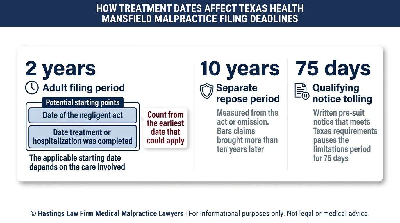 ¿Cuánto tiempo tengo que contratar a un abogado especializado en negligencia hospitalaria después de terminar mi tratamiento en Texas Health Mansfield?.