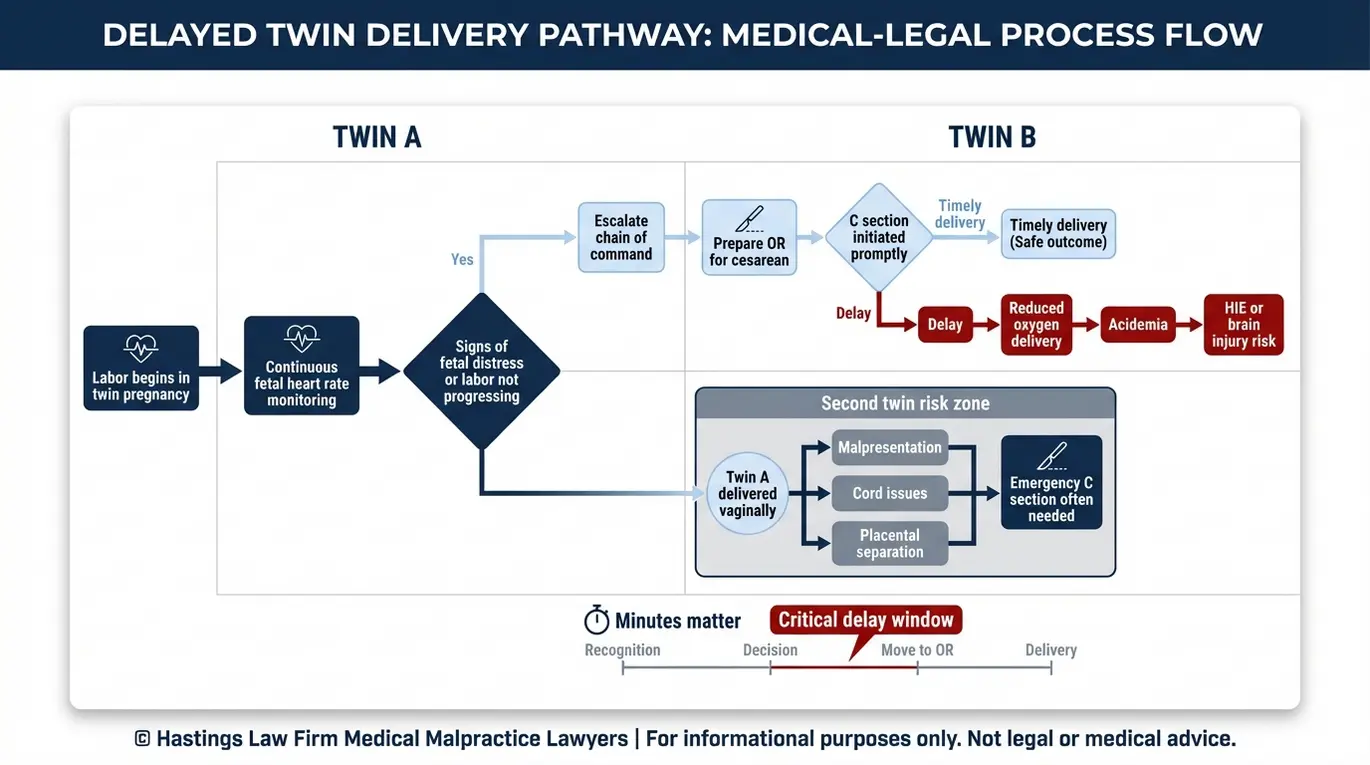Flowchart showing how a delayed twin delivery can lead to hypoxia acidemia and HIE and where a Texas Delayed Twin Delivery Injury Lawyer may focus on breakdowns in monitoring escalation and emergency C section timing.