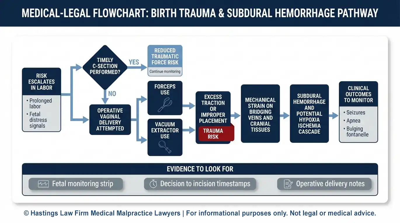 Diagrama de flujo que muestra cómo la negligencia en la sala de partos puede provocar una hemorragia subdural en el recién nacido debido a un retraso en la cesárea o al uso de fórceps o ventosa, así como los expedientes revisados por un abogado especializado en hemorragias subdurales relacionadas con el parto en Arizona.