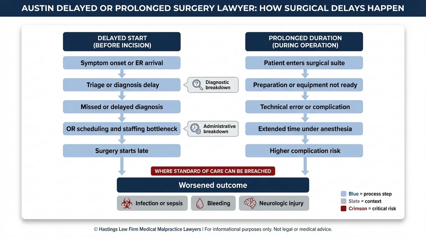 Diagrama de flujo que explica cómo los casos de cirugía retrasada o prolongada dan lugar a complicaciones en un caso tramitado por un abogado especializado en cirugía retrasada o prolongada de Austin.