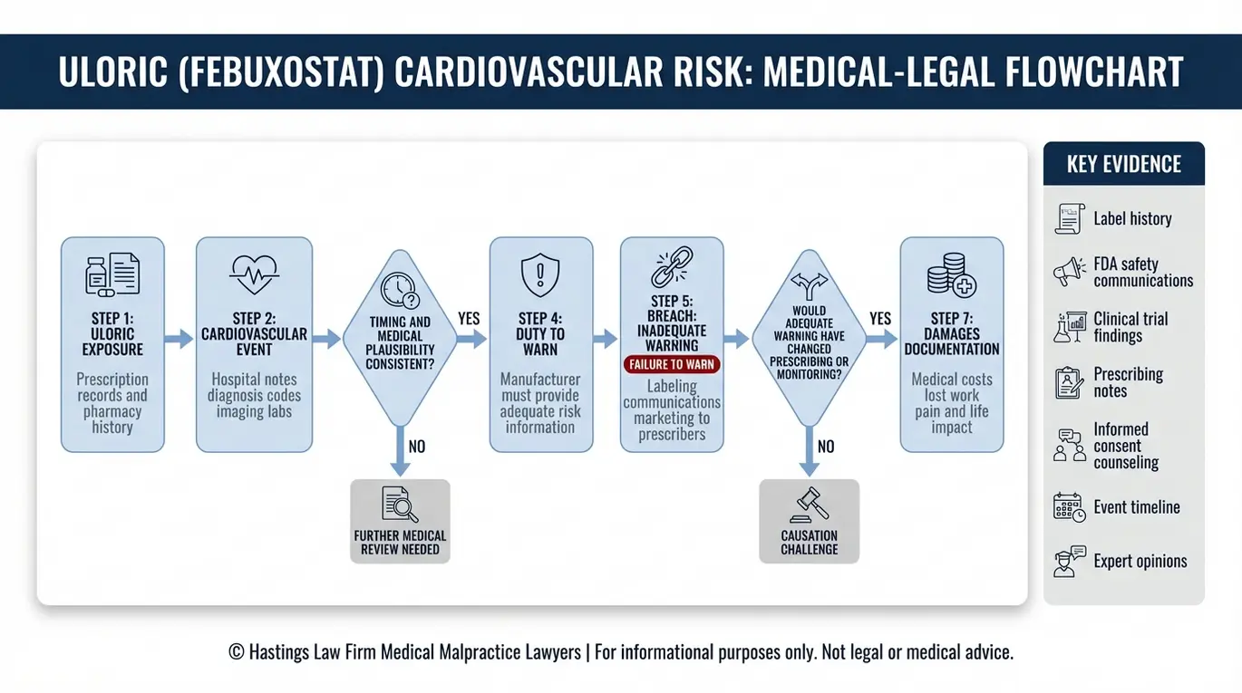 Process flowchart showing how an Arizona Uloric Injury Lawyer proves failure to warn liability from Uloric use to cardiovascular event causation evidence and damages.