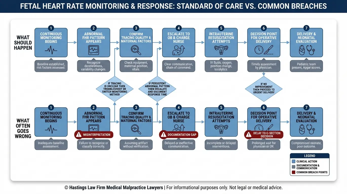 Process flowchart showing how fetal monitoring failures become a malpractice claim, illustrating standard of care steps and delay points that an Arizona Fetal Monitoring Malpractice Lawyer investigates.