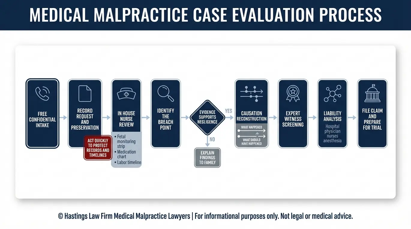 Diagrama de flujo que describe cómo un abogado especializado en lesiones durante el parto en Arizona investiga un caso, desde la admisión hasta la revisión de los expedientes médicos, el análisis de la enfermera, la selección de peritos, la evaluación de la responsabilidad y la preparación del juicio.