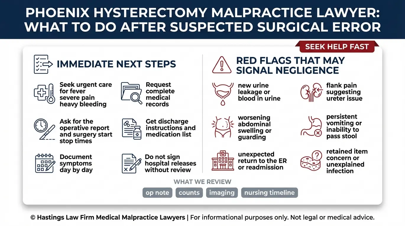 Warning checklist for a Phoenix Hysterectomy Malpractice Lawyer showing immediate steps after a hysterectomy injury and red flags such as fever urine leakage flank pain and readmission.