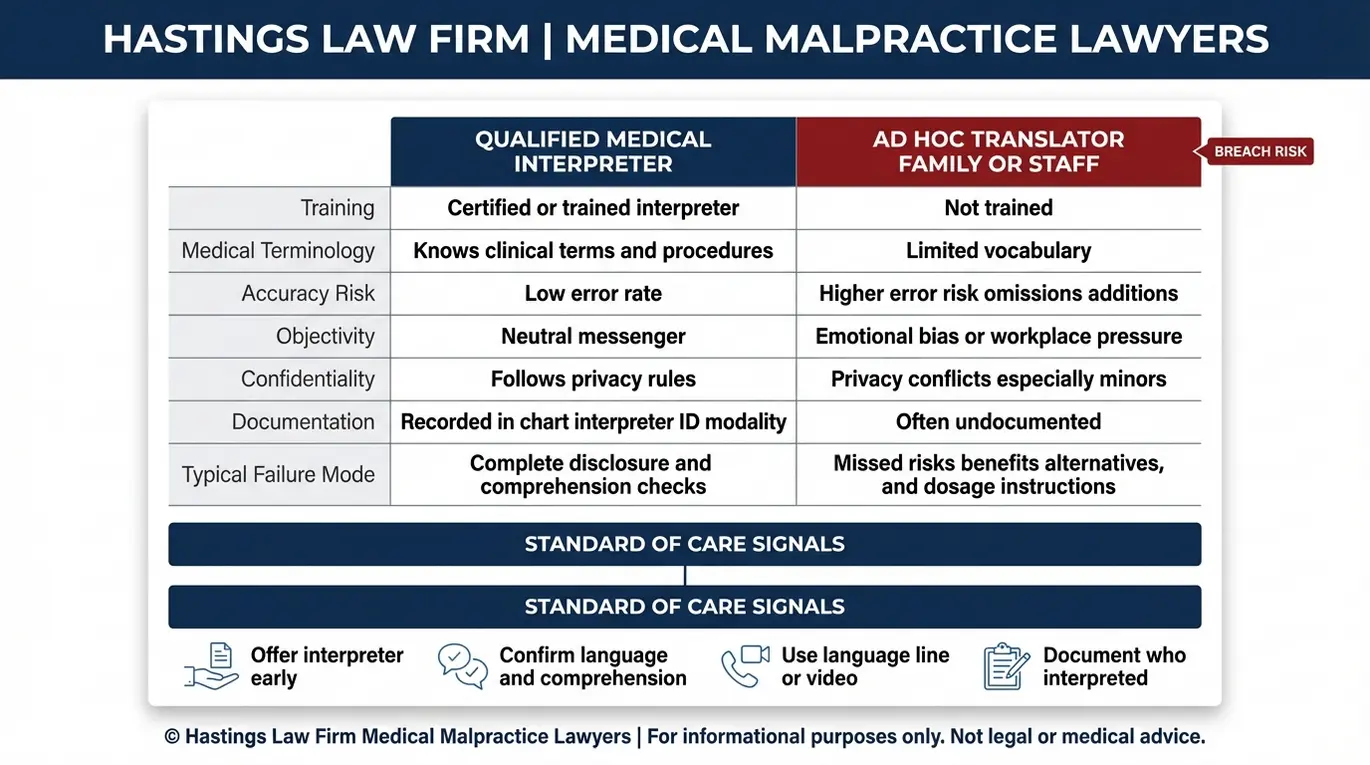 Comparison chart for a Texas Informed Consent Interpreter Failure Lawyer showing qualified medical interpreter versus ad hoc translator differences in training accuracy confidentiality documentation and standard of care.