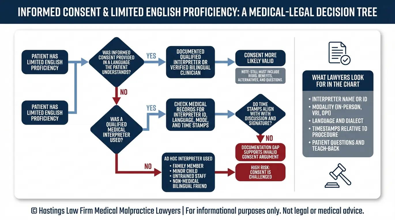 Diagrama de flujo que muestra cómo un abogado especializado en casos de incumplimiento de la obligación de contar con un intérprete para el consentimiento informado en Arizona evalúa si un formulario de consentimiento médico firmado es legalmente válido, basándose en la documentación que acredita la cualificación del intérprete y en las pruebas que figuran en el expediente médico.