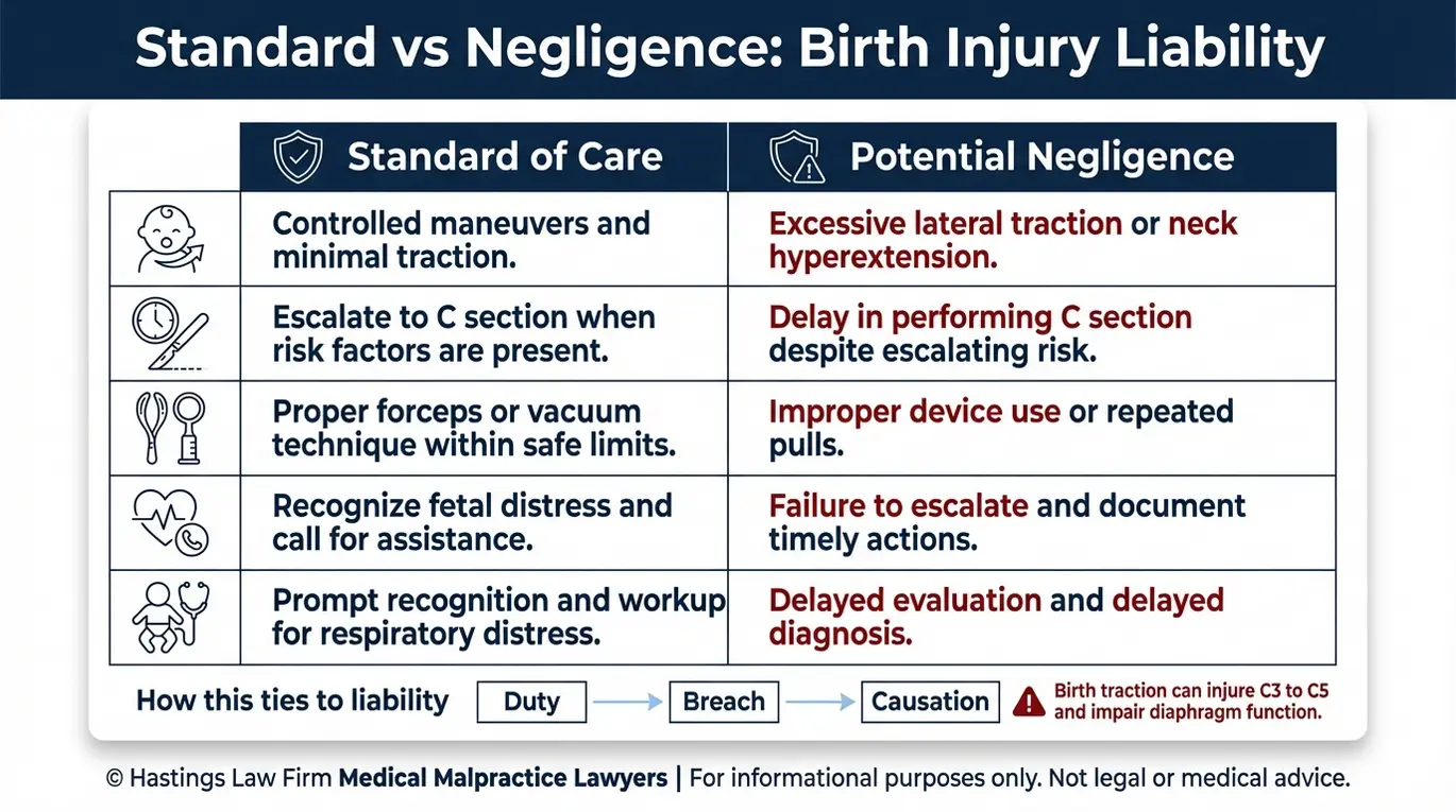 Comparison chart for a Texas Phrenic Nerve Palsy Lawyer showing standard of care versus negligence for shoulder dystocia traction timing of C section and forceps or vacuum use linked to phrenic nerve injury.