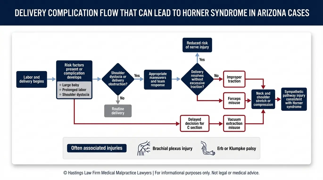 Diagrama de flujo que muestra cómo la distocia de hombros, la tracción, el uso indebido de fórceps o ventosas, o una cesárea tardía pueden causar daños nerviosos relacionados con el síndrome de Horner, para las evaluaciones de abogados especializados en el síndrome de Horner en Arizona.