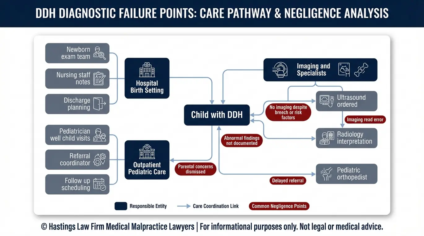 Entity relationship map showing hospital pediatrician radiology and orthopedist roles and common negligence points in a missed DDH case for a Texas Missed Hip Dysplasia Lawyer query.