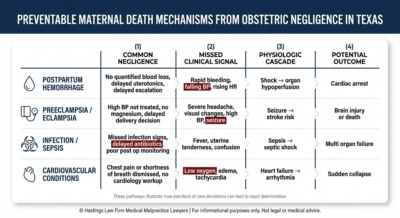 Clinical diagram showing how obstetric negligence can cause postpartum hemorrhage preeclampsia sepsis and cardiac collapse in a Texas Maternal Wrongful Death Lawyer case.