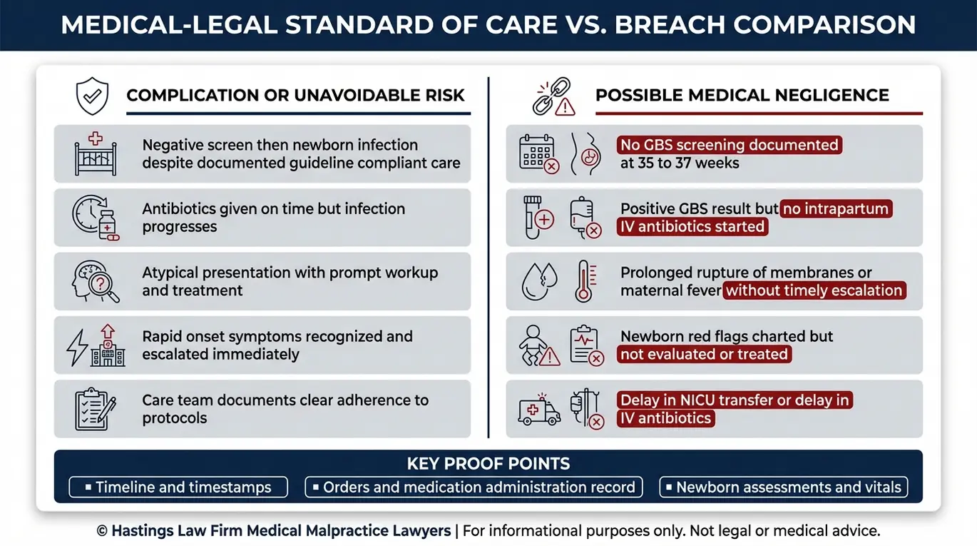 Comparison chart explaining how a Texas Group B Streptococcus Birth Injury Lawyer evaluates complication versus possible medical negligence using screening failures, missed intrapartum IV antibiotics, delayed escalation, and ignored newborn symptoms.