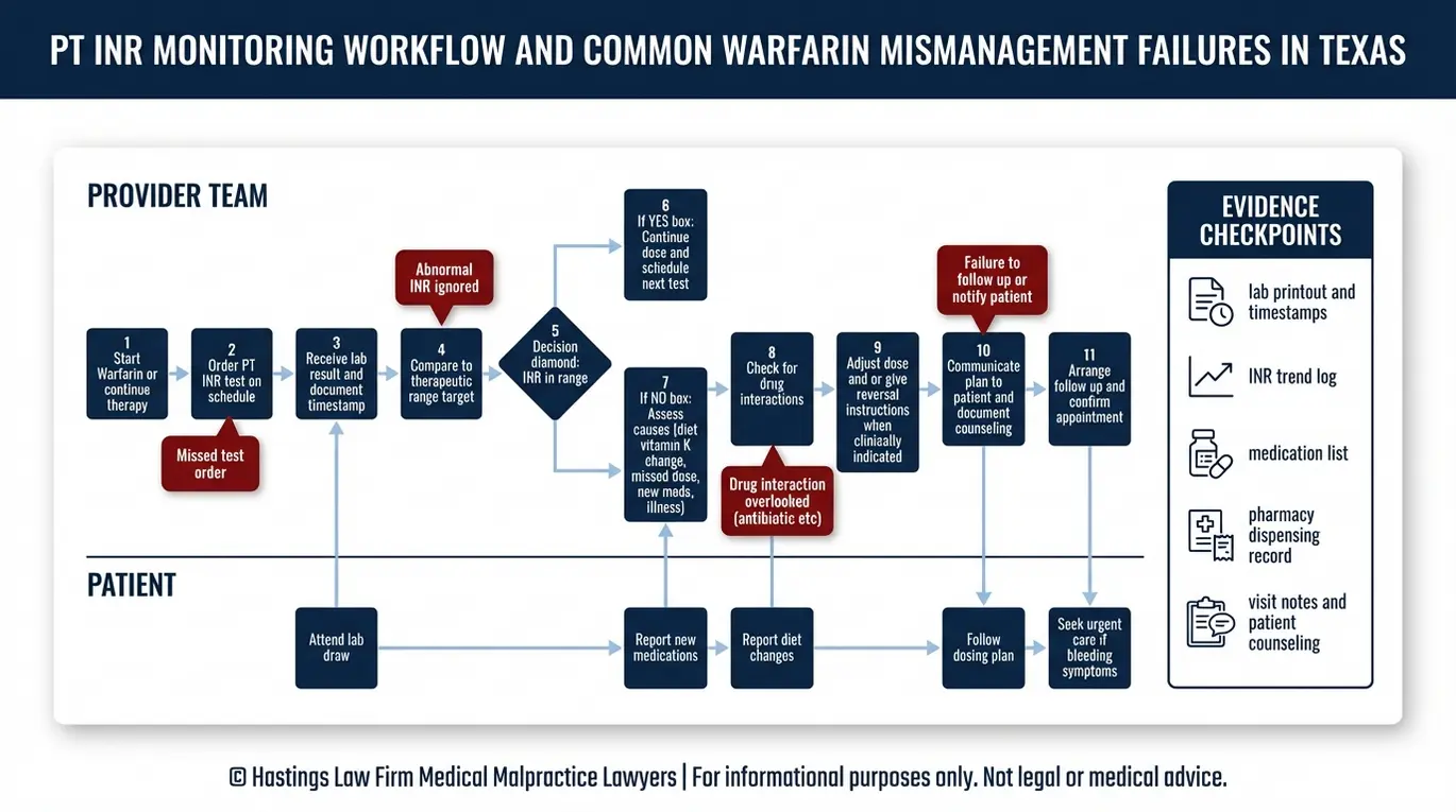 Diagrama de flujo que muestra los pasos de la monitorización del INR y los puntos comunes de fallo relevantes para un Texas Warfarin Mismanagement Lawyer.