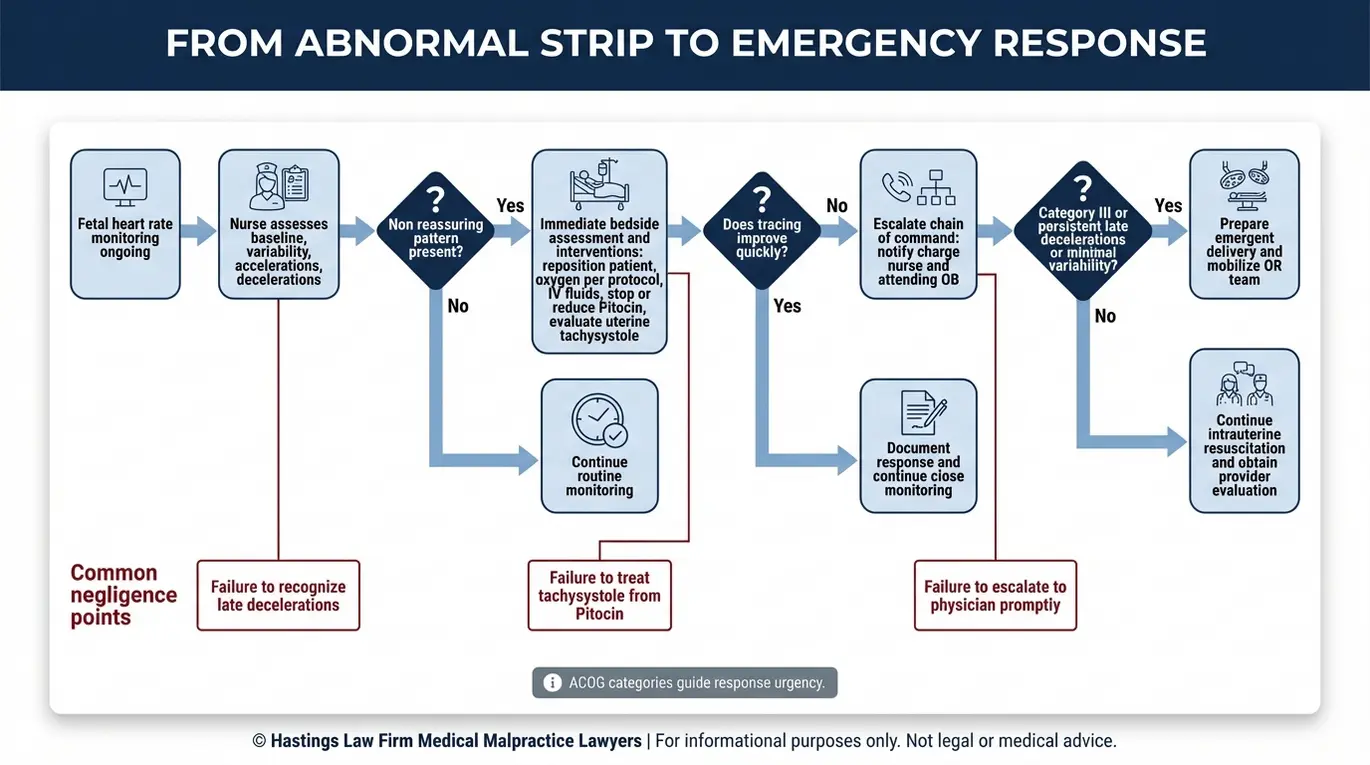 Process flowchart showing how a fetal monitor tracing should be assessed and escalated with key failure points relevant to a Texas Misread Non Stress Test Lawyer claim.