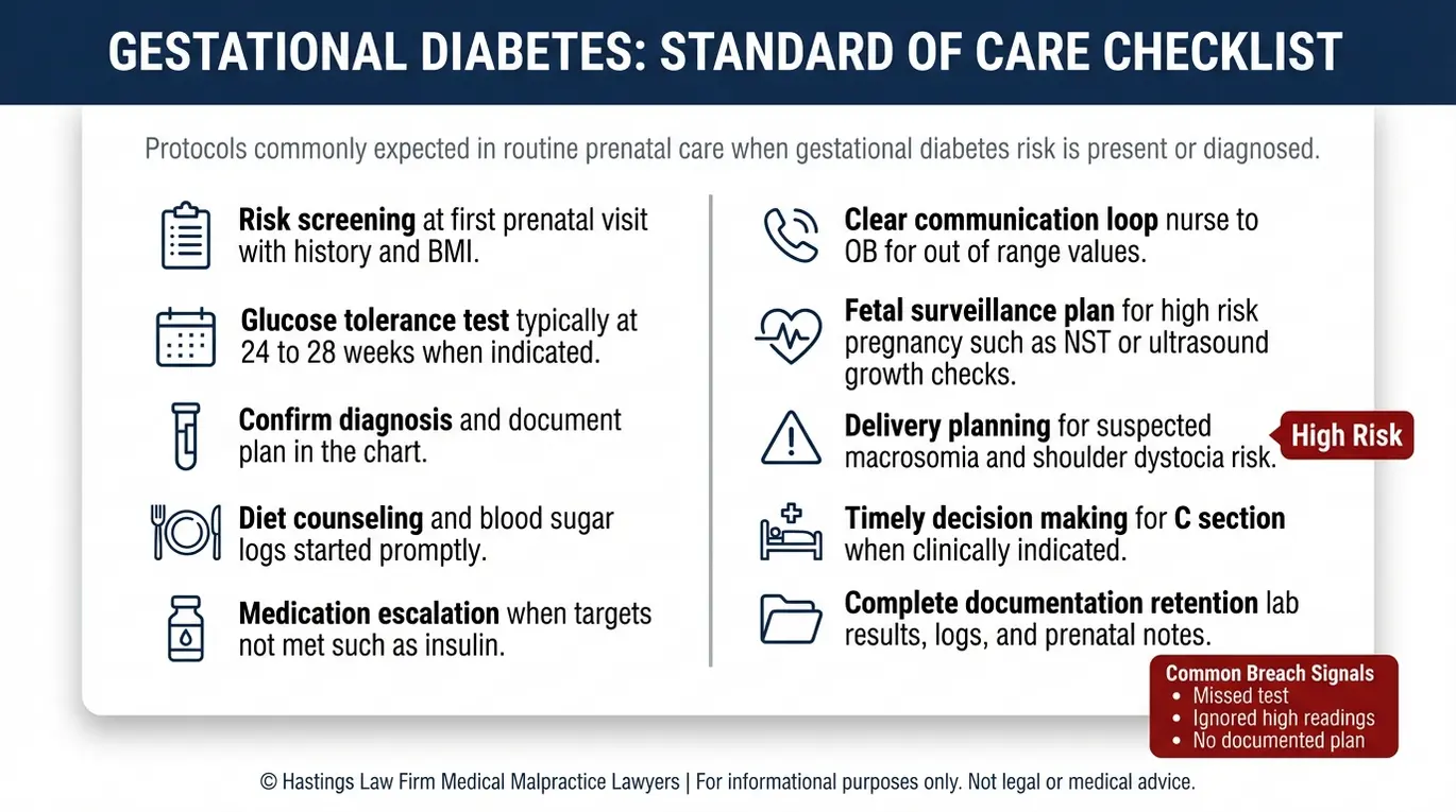 Lista de verificación de advertencias sobre el estándar de atención que muestra señales comunes de incumplimiento y los protocolos prenatales obligatorios, utilizada por un abogado especializado en negligencia médica relacionada con la diabetes gestacional en Arizona para evaluar los casos de negligencia en el tratamiento de la diabetes gestacional.