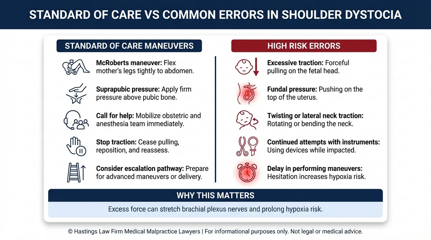 Comparison chart contrasting standard of care maneuvers with dangerous errors often reviewed by a Houston Shoulder Dystocia Lawyer.