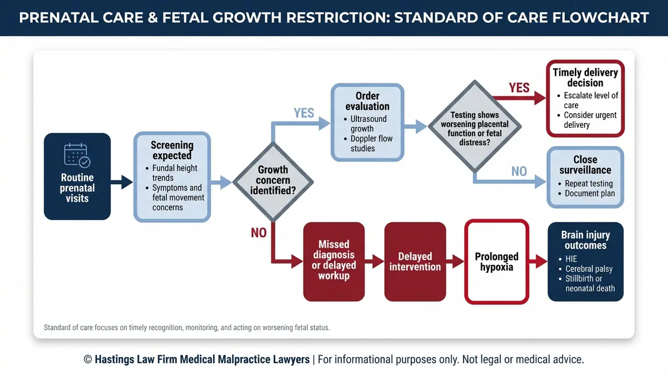 Process flowchart showing IUGR monitoring decision points including fundal height ultrasound Doppler studies delayed delivery hypoxia and brain injury for readers seeking a Texas Intrauterine Growth Restriction Lawyer.