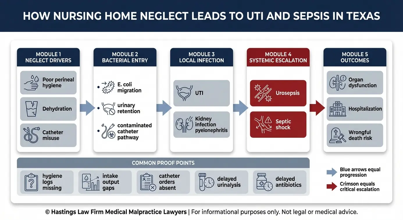 Clinical diagram showing how nursing home neglect progresses from hygiene dehydration or catheter misuse to UTI then urosepsis and septic shock for a Texas Nursing Home Infection Lawyer case.