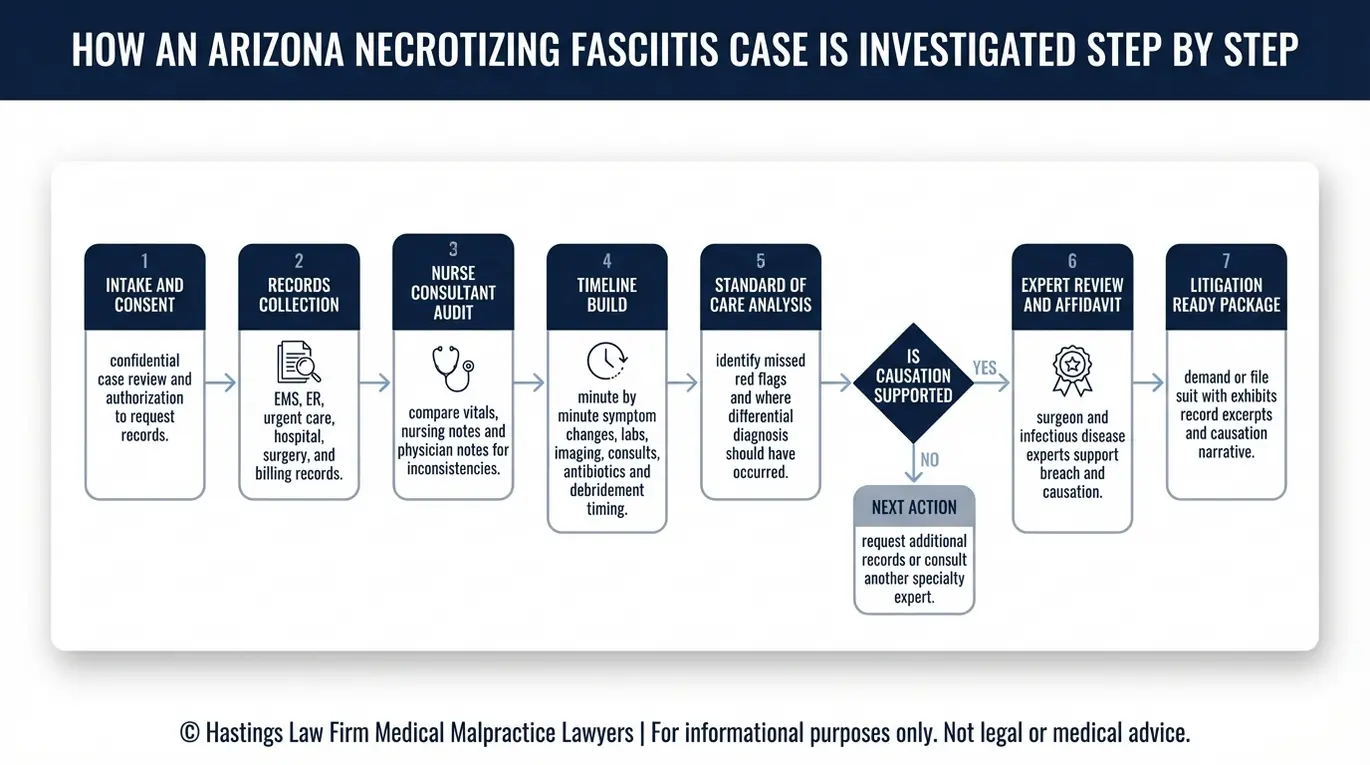 Process flowchart showing how an Arizona Necrotizing Fasciitis Malpractice Lawyer team investigates delayed diagnosis using medical record audits timelines and expert review.
