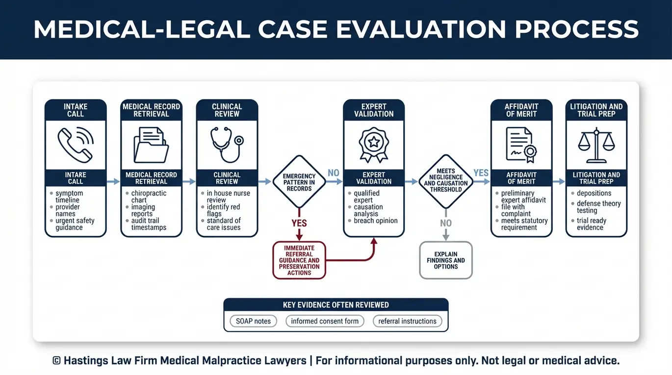 Diagrama de flujo del proceso de investigación de un caso de negligencia profesional de un quiropráctico en Arizona, que muestra las etapas de recepción del caso, obtención de historiales médicos, revisión clínica, validación por parte de expertos, presentación de la declaración jurada de fundamento y los pasos del litigio, incluyendo los puntos de decisión.
