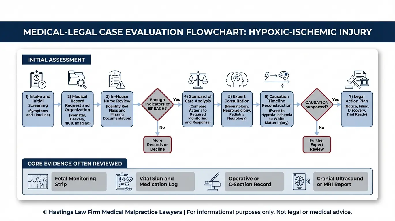 Diagrama de flujo que muestra cómo un abogado especializado en leucomalacia periventricular (PVL) en Arizona determina la responsabilidad civil en casos de PVL mediante la recopilación de expedientes, la revisión por parte de enfermeras, el análisis de expertos, el establecimiento de la relación causal, la cronología de los hechos y los pasos para presentar la demanda.
