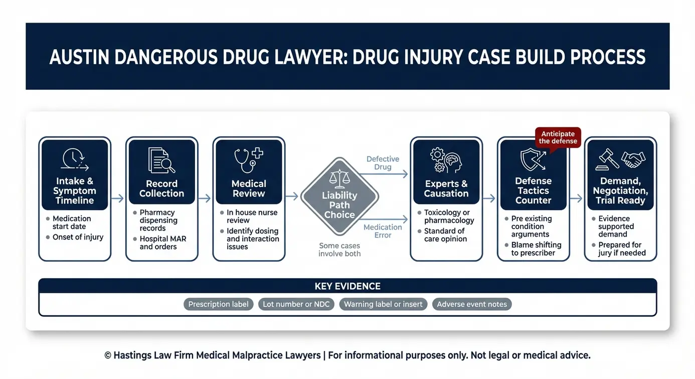 Process flowchart from an Austin Dangerous Drug Lawyer showing how attorneys build a drug injury case from intake and records to experts causation countering defenses and trial ready negotiation.