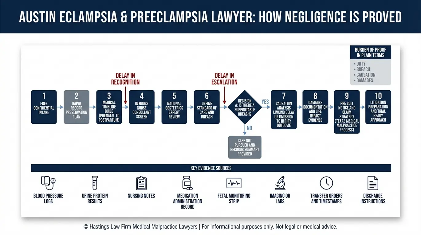 Diagrama de flujo que muestra cómo un abogado especializado en eclampsia y preeclampsia de Austin demuestra la negligencia mediante los siguientes pasos: revisión de los registros, dictamen pericial, incumplimiento, causalidad y daños y perjuicios.
