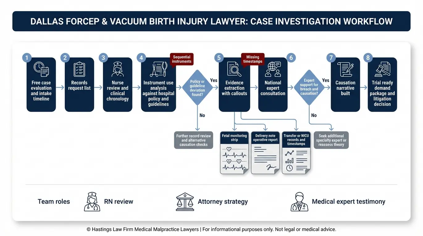 Diagrama de flujo que muestra cómo un abogado especializado en lesiones durante el parto por uso de pinzas de Dallas y ventosas investiga los expedientes, las directrices, los dictámenes periciales y la relación de causalidad para preparar demandas listas para juicio.