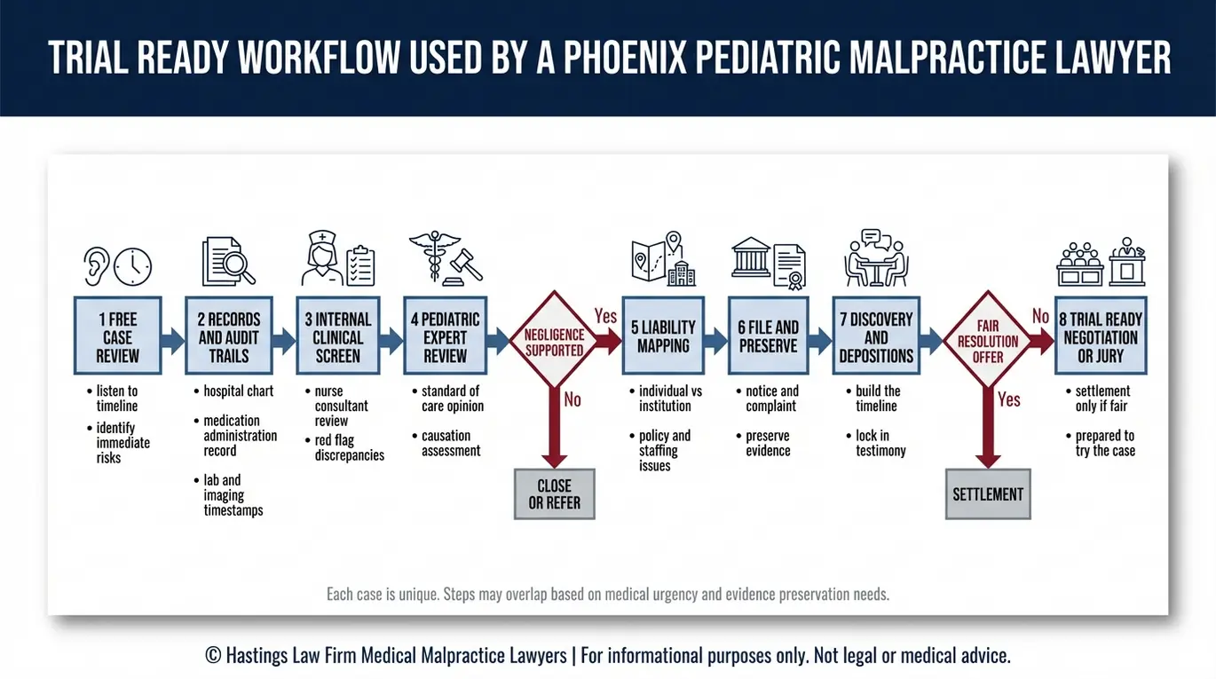 Diagrama de flujo que describe los pasos necesarios para preparar una demanda por negligencia médica pediátrica, elaborado por un abogado especializado en negligencia médica pediátrica de Phoenix, desde la recopilación de expedientes hasta la revisión por parte de peritos y la preparación del juicio.