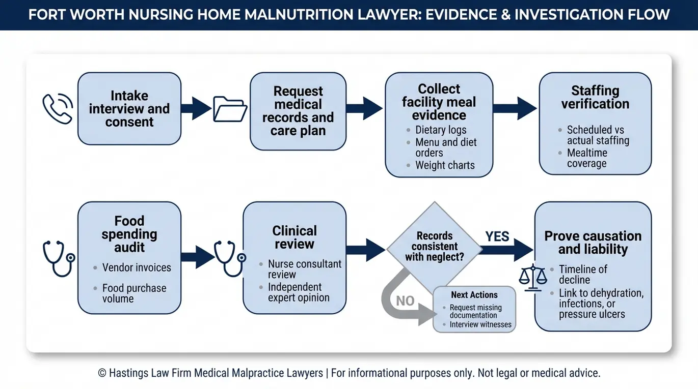 Process flowchart showing how a Fort Worth Nursing Home Malnutrition Lawyer investigates a claim using dietary logs staffing records food spending audits and expert medical review to prove liability.