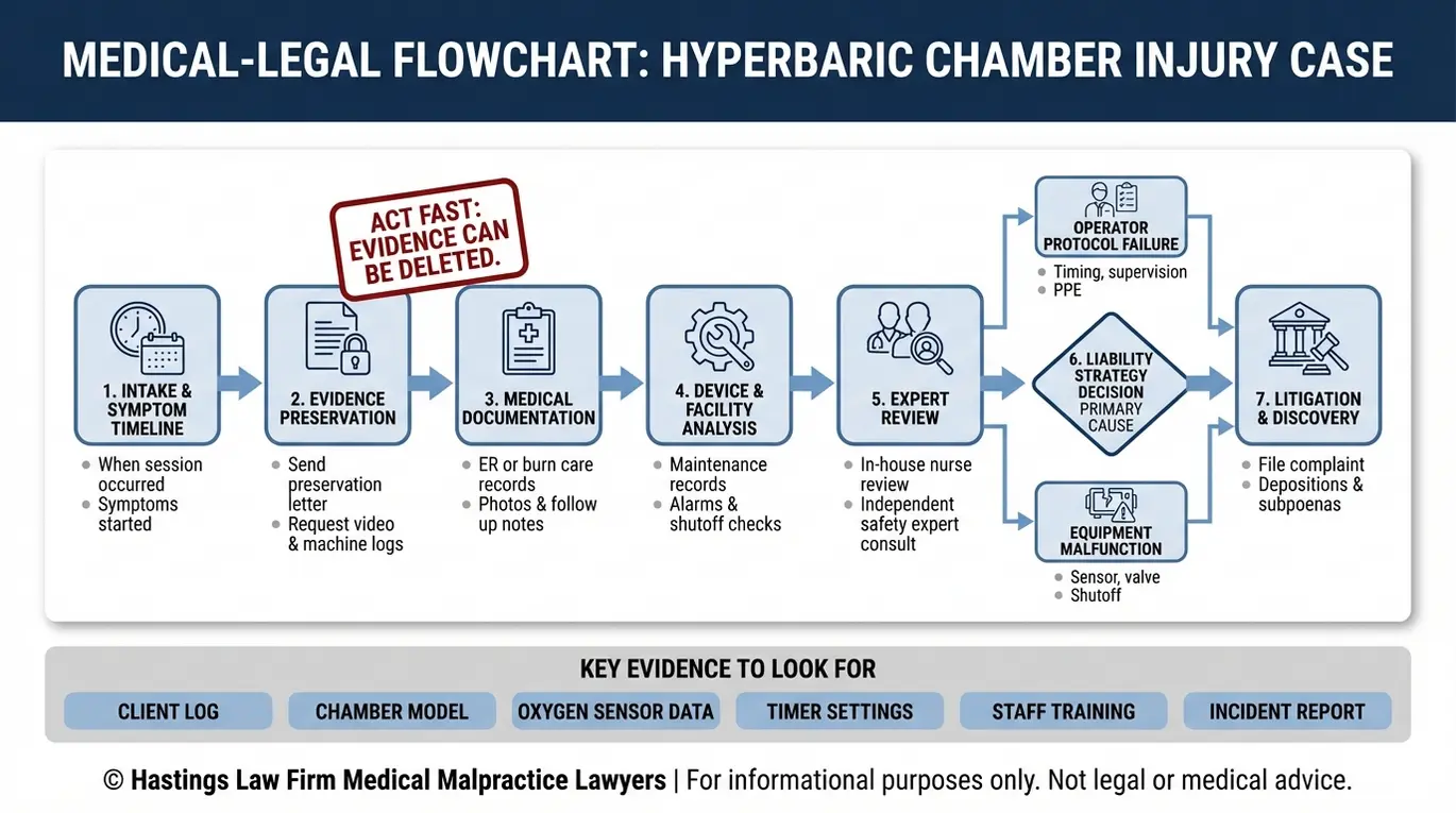 Process flowchart showing how an Arizona Cryotherapy Center Malpractice Lawyer investigates a cryotherapy injury case from evidence preservation and medical review to expert analysis and liability decision paths.