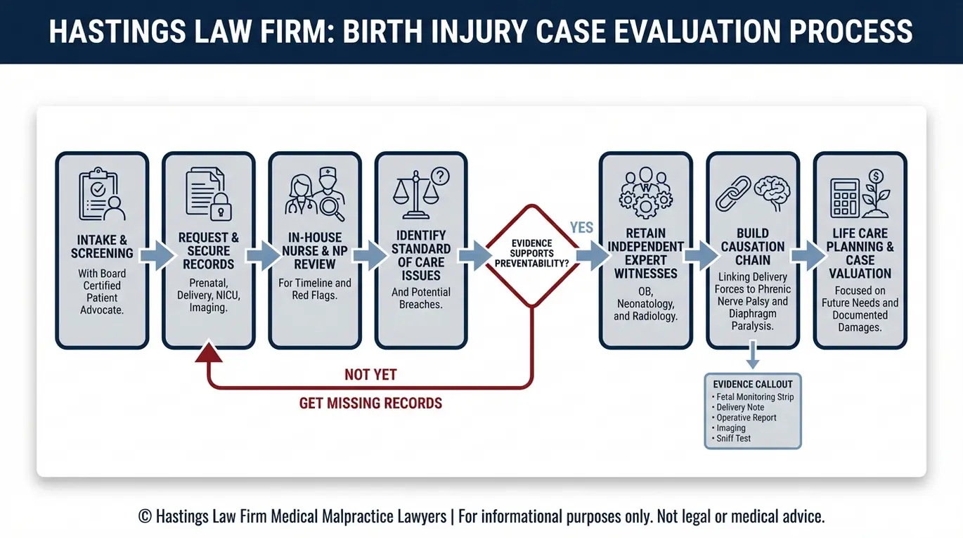 Process flowchart describing Texas Phrenic Nerve Palsy Lawyer case investigation steps from record collection and nurse review to expert witnesses and causation proof for phrenic nerve palsy.
