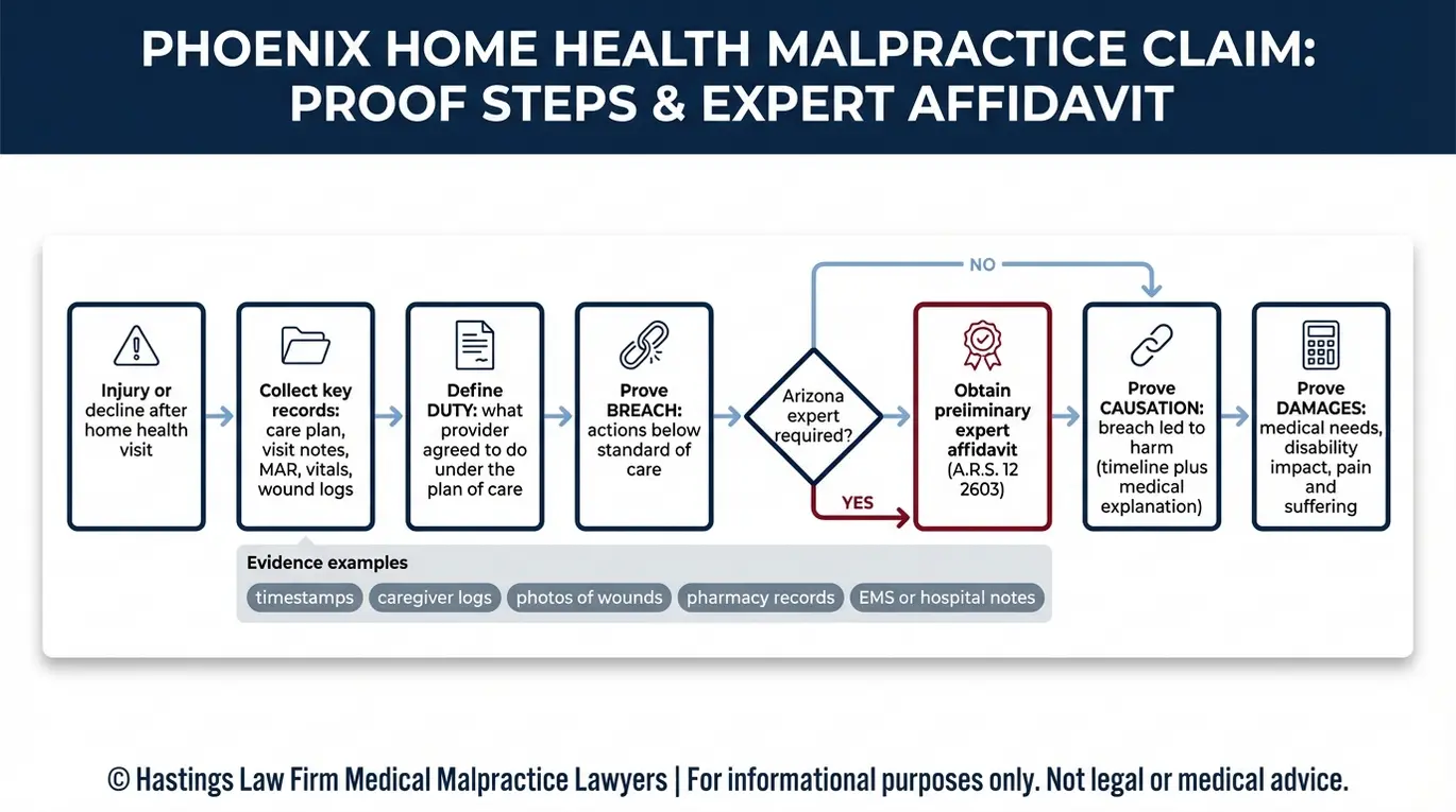 Diagrama de flujo que muestra cómo un abogado especializado en negligencia profesional de proveedores de atención médica domiciliaria en Phoenix demuestra el incumplimiento del deber, la causalidad y los daños, así como el requisito de la declaración jurada preliminar de un perito en Arizona, utilizando historiales médicos y cronologías.