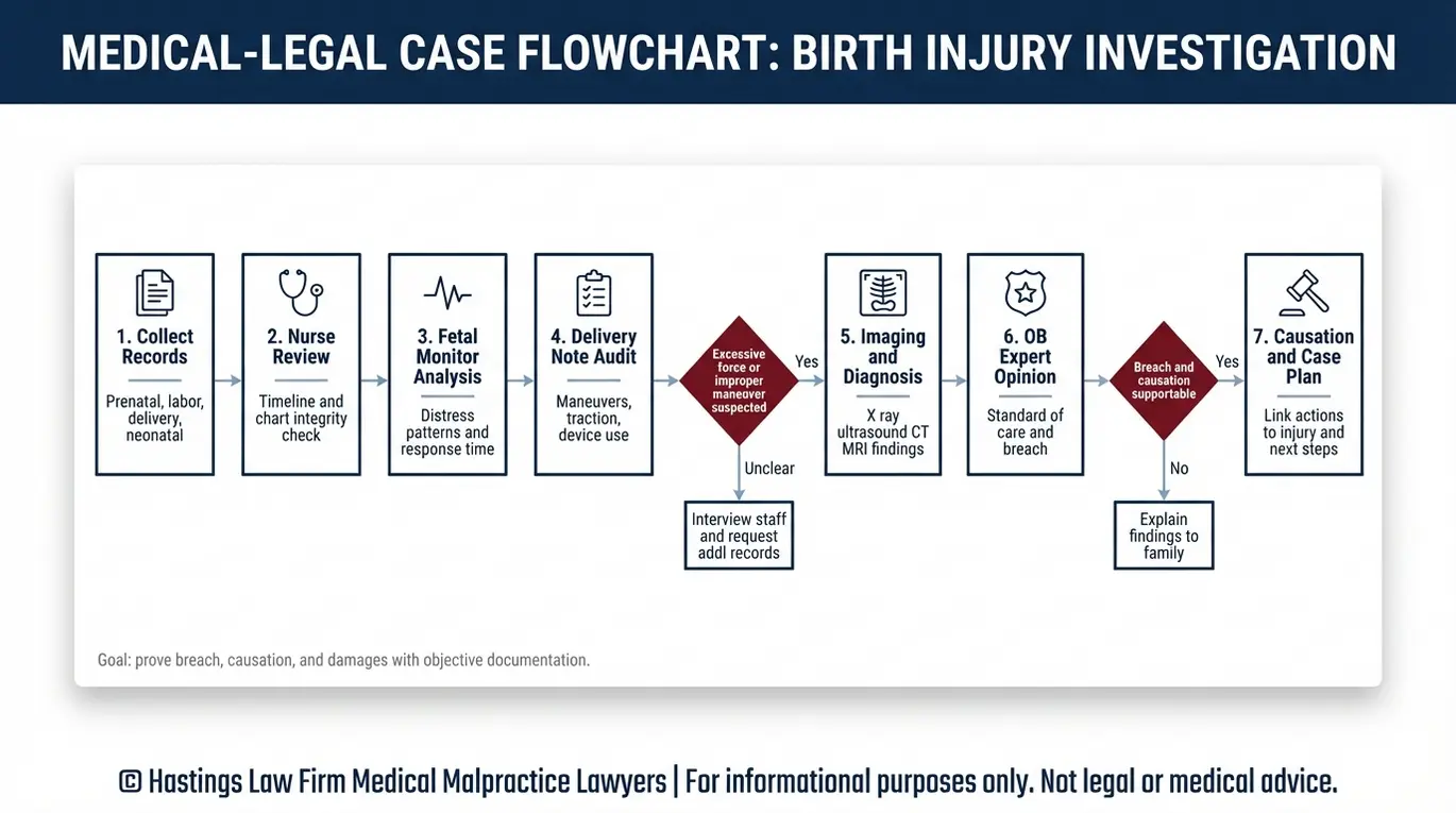 Diagrama de flujo del proceso que sigue un abogado especializado en lesiones de nacimiento por fractura de clavícula Texas para investigar una demanda por fractura de clavícula en un recién nacido, utilizando historiales médicos, el análisis de la monitorización fetal, las actas de parto, las pruebas de imagen y el análisis de expertos.