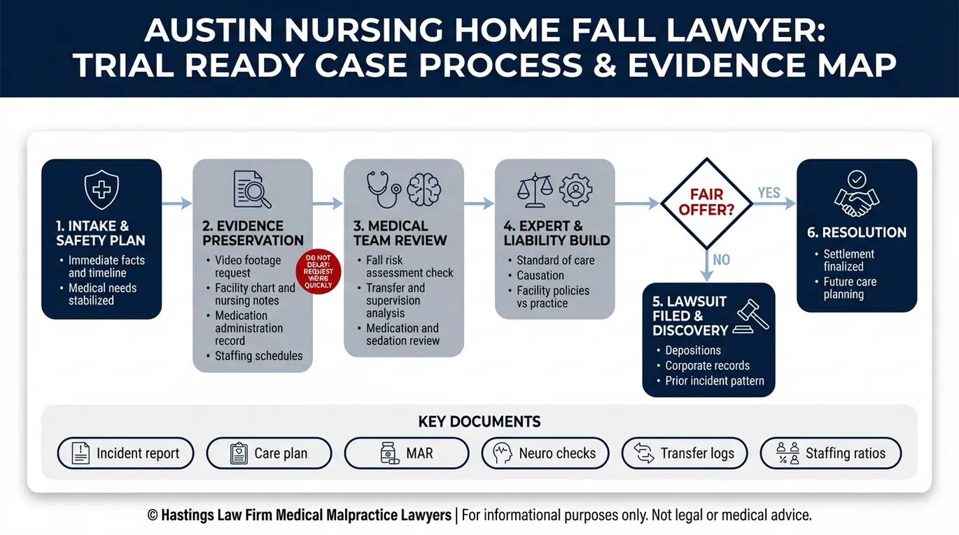 Process flowchart outlining investigation, evidence preservation, expert review, and lawsuit steps used by an Austin Nursing Home Fall Lawyer.