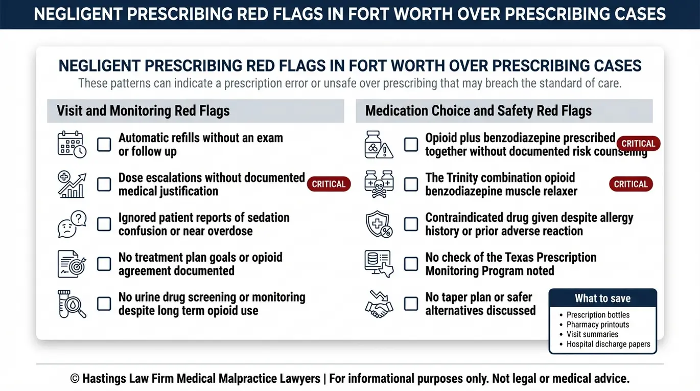 Checklist of negligent prescribing red flags for a Fort Worth Over Prescribing of Medication Lawyer case including automatic refills dangerous drug combinations and failure to check the Texas prescription monitoring program.