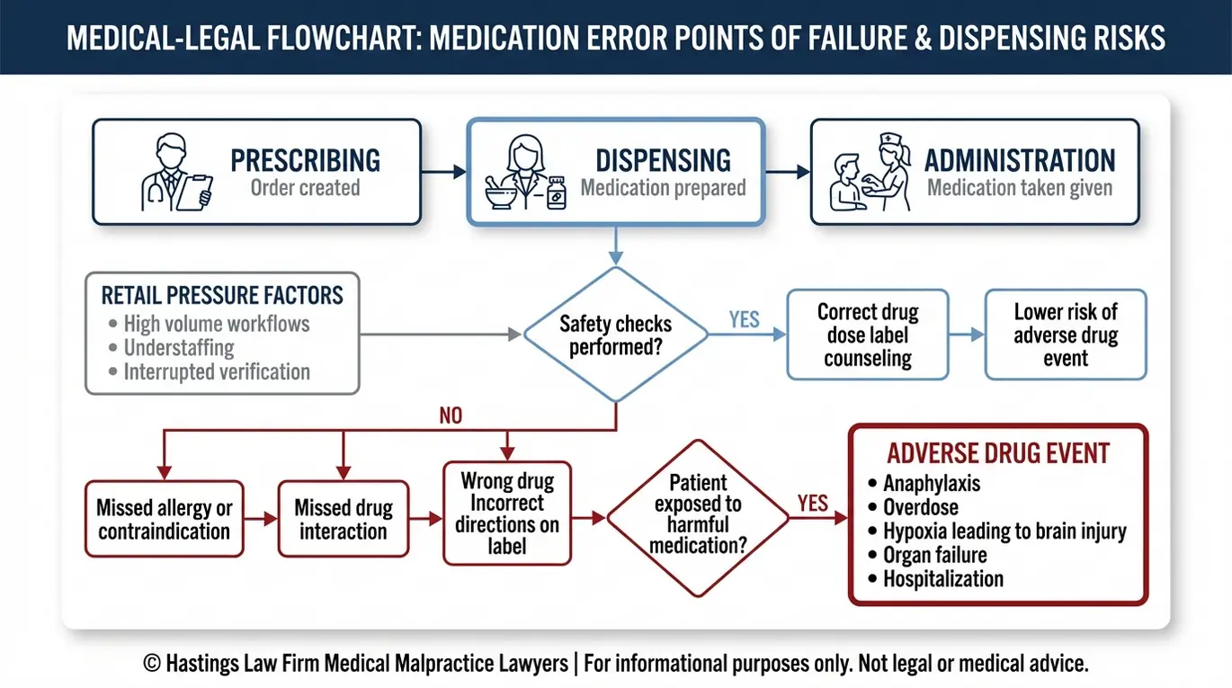 Diagrama de flujo de un abogado especializado en negligencia profesional de farmacéuticos Texas que muestra cómo un fallo en la etapa de dispensación y la omisión de controles de seguridad pueden derivar, a partir de errores de alergia o de interacción, en un evento adverso relacionado con medicamentos y lesiones graves.