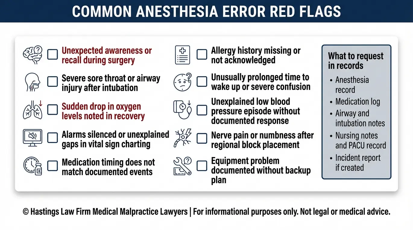 Warning checklist of common anesthesia error red flags and medical record items to request, designed for patients assessing a potential Phoenix Anesthesia Error Lawyer medical malpractice case.