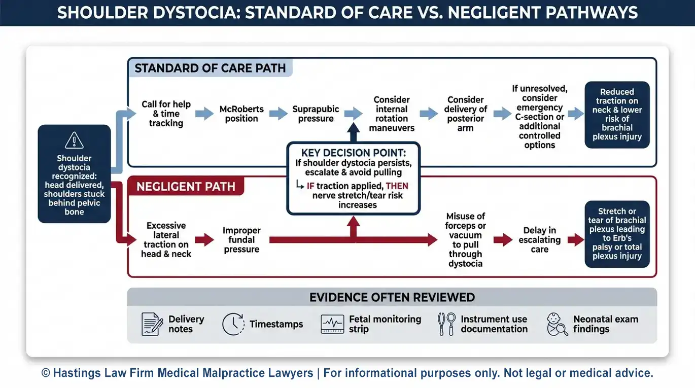 Process flowchart showing how shoulder dystocia mismanagement can cause brachial plexus nerve damage for readers seeking an Arizona Brachial Plexus Injury Lawyer.