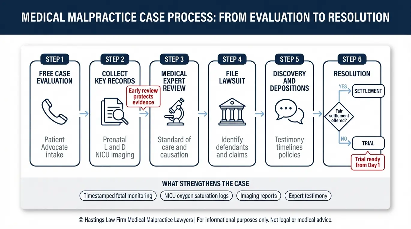 Process flowchart for a Texas Periventricular Leukomalacia Lawyer outlining the PVL birth injury lawsuit process from intake and record collection through expert review filing discovery settlement decision and trial.