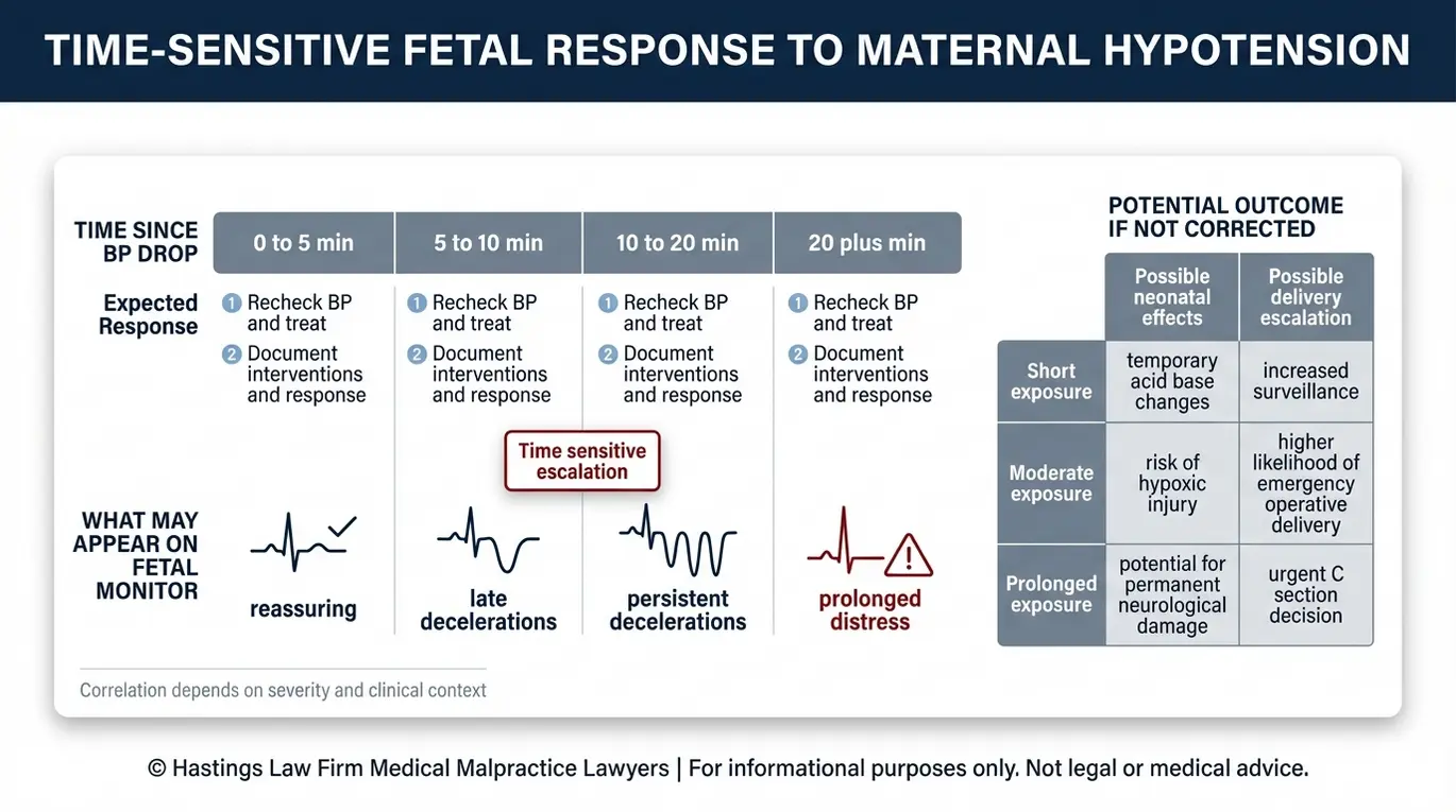 Two track timeline infographic correlating untreated maternal hypotension after epidural with fetal monitor changes and escalating birth injury risk for Texas Maternal Hypotension Epidural Error Lawyer case evaluation.
