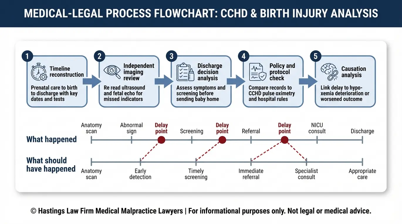 Process flowchart for a Texas Infant Congenital Heart Disease Diagnosis Failure Lawyer showing a five step investigation from timeline reconstruction and imaging review to policy checks and causation analysis.