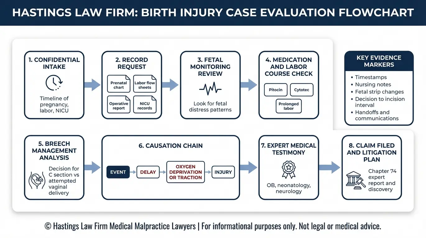 Process flowchart showing how a Texas Breech Extraction Error Lawyer investigates breech birth malpractice using medical records, fetal heart rate monitoring review, expert testimony, and a causation timeline.