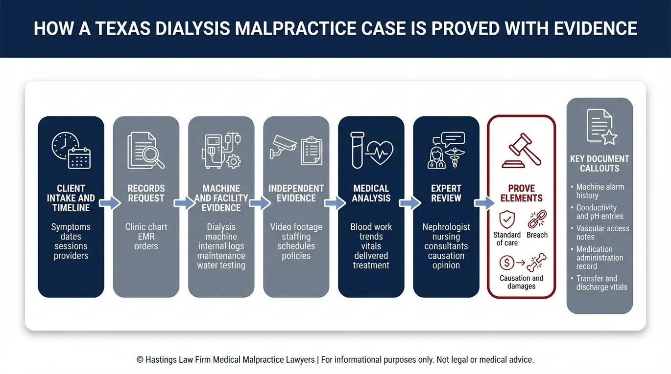 Diagrama de flujo del proceso de investigación de un abogado especializado en negligencia médica relacionada con la diálisis Texas, en el que se muestran los pasos para recopilar registros, registros de la máquina, pruebas de video, análisis de sangre y opiniones de expertos con el fin de demostrar el incumplimiento del estándar de atención y la relación de causalidad.