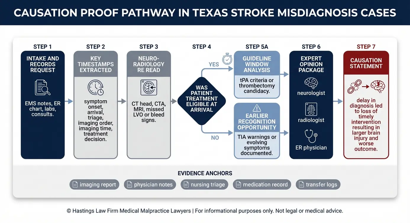 Process flowchart showing how a Texas Stroke Misdiagnosis Lawyer proves causation using imaging review timelines and expert testimony.
