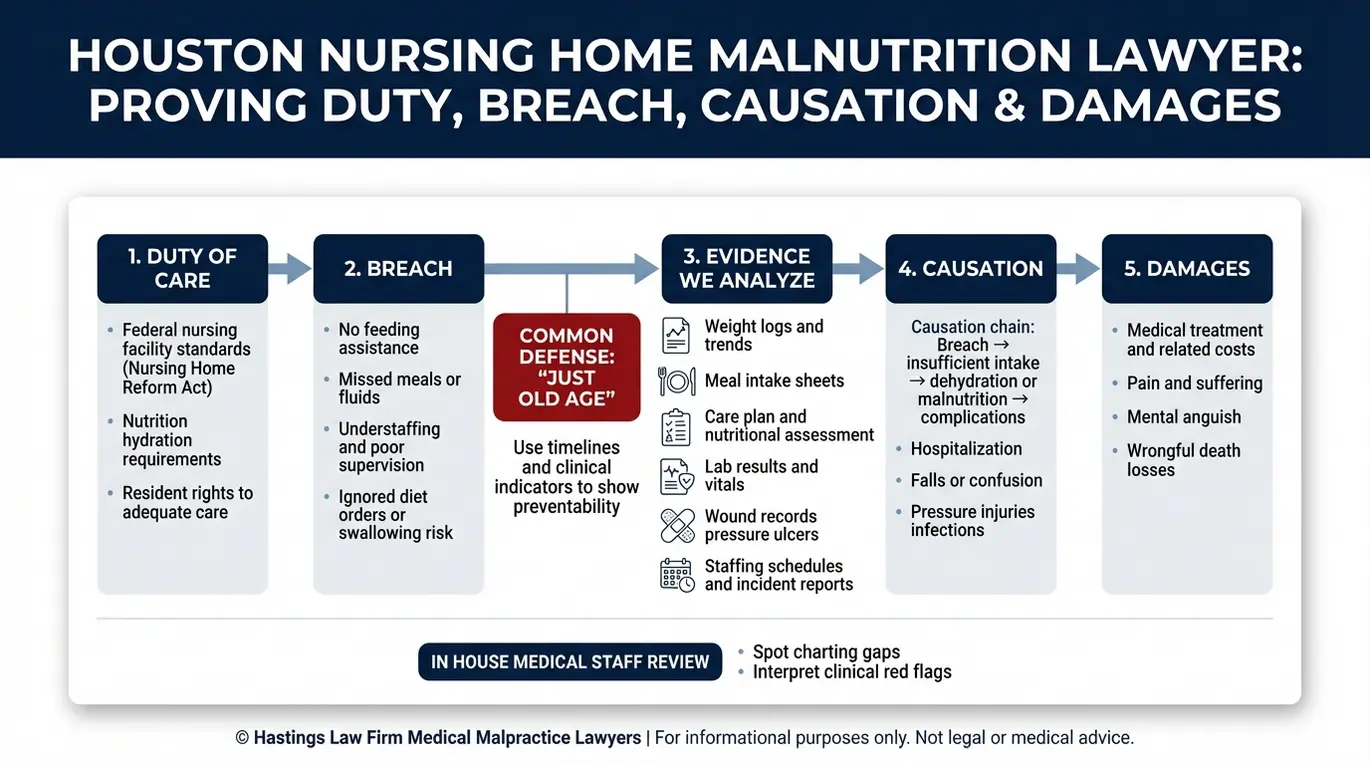 Flowchart showing how a Houston Nursing Home Malnutrition Lawyer proves duty breach causation and damages using weight logs meal intake records care plans and staffing evidence.