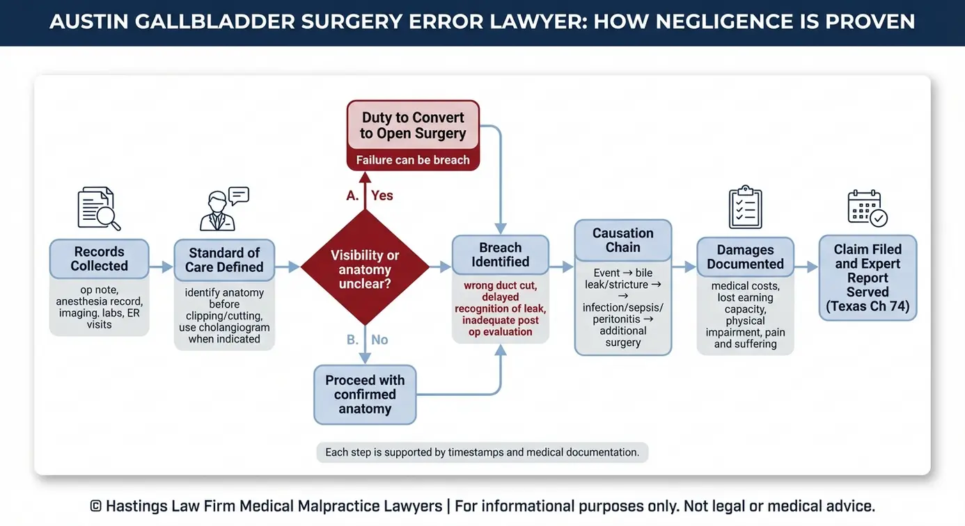 Process flowchart used by an Austin Gallbladder Surgery Error Lawyer showing how medical records, standard of care, breach, causation, and damages connect in a surgical malpractice case.