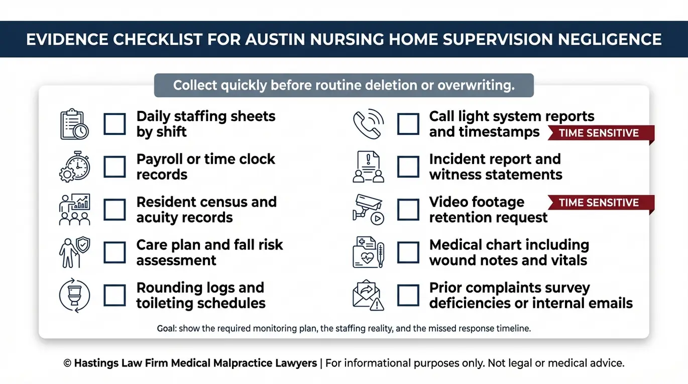Evidence checklist for an Austin Nursing Home Supervision Lawyer outlining documents to prove negligent supervision such as staffing logs care plans call light data and video footage.